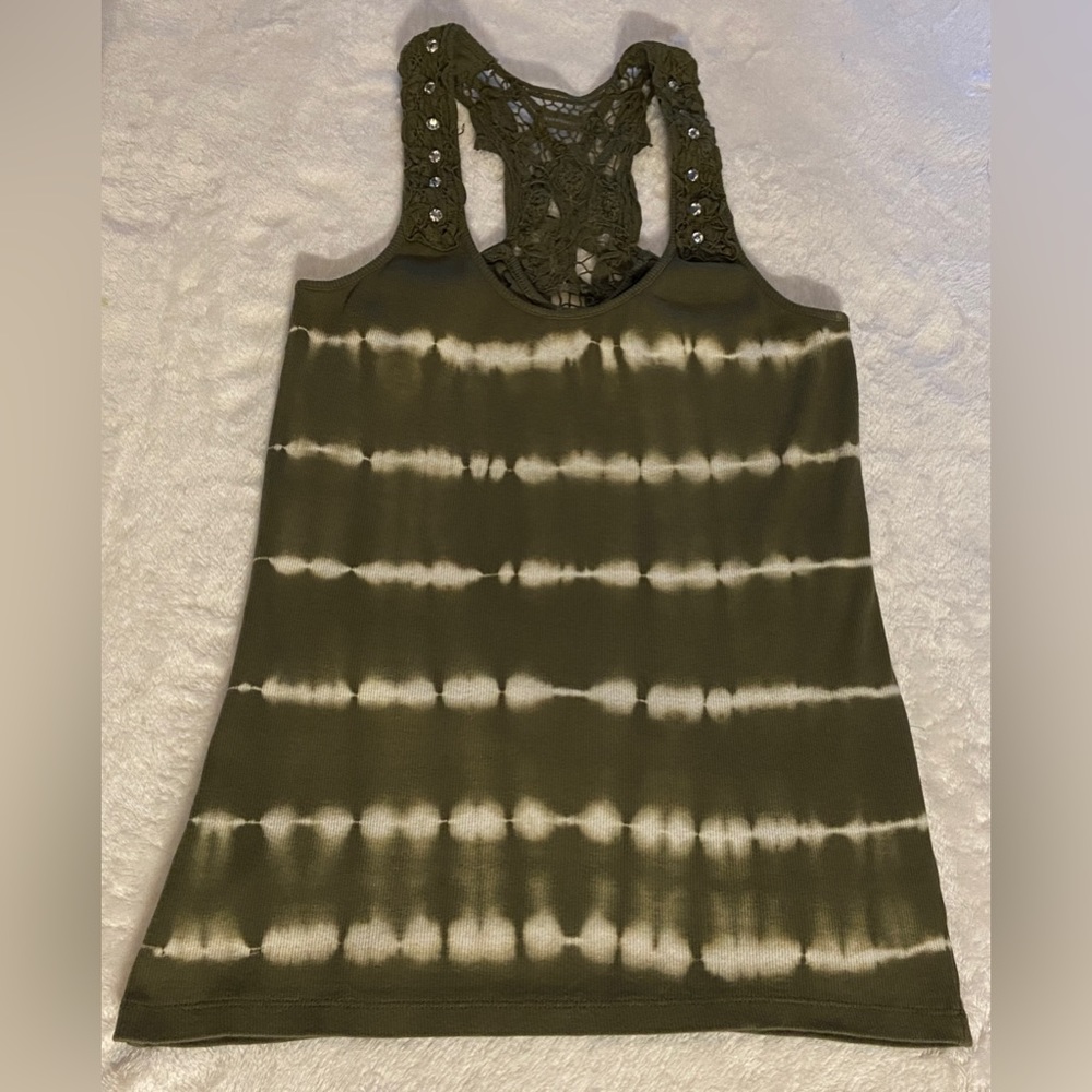 VENUS Womens Medium Tie Dye Olive Green and White Racerback Tank Top